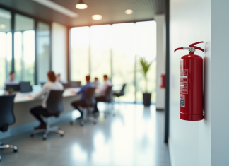 Espace de réception moderne avec extincteur rouge visible