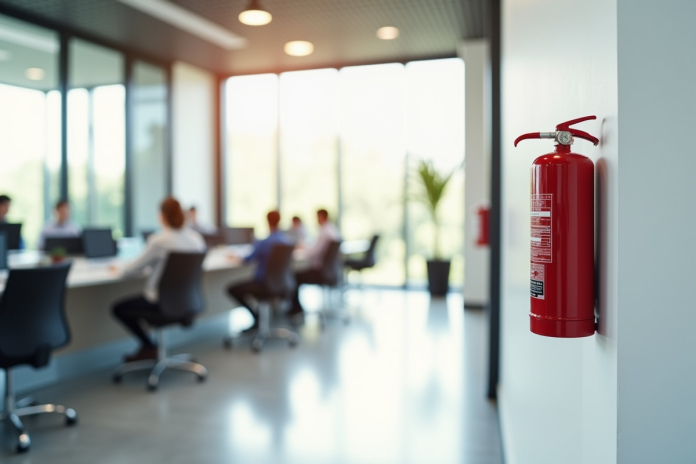 Espace de réception moderne avec extincteur rouge visible