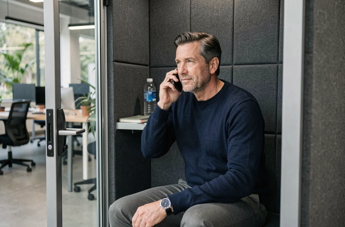 Entrepreneur en appel téléphonique dans une cabine acoustique d'un espace de coworking à Vincennes