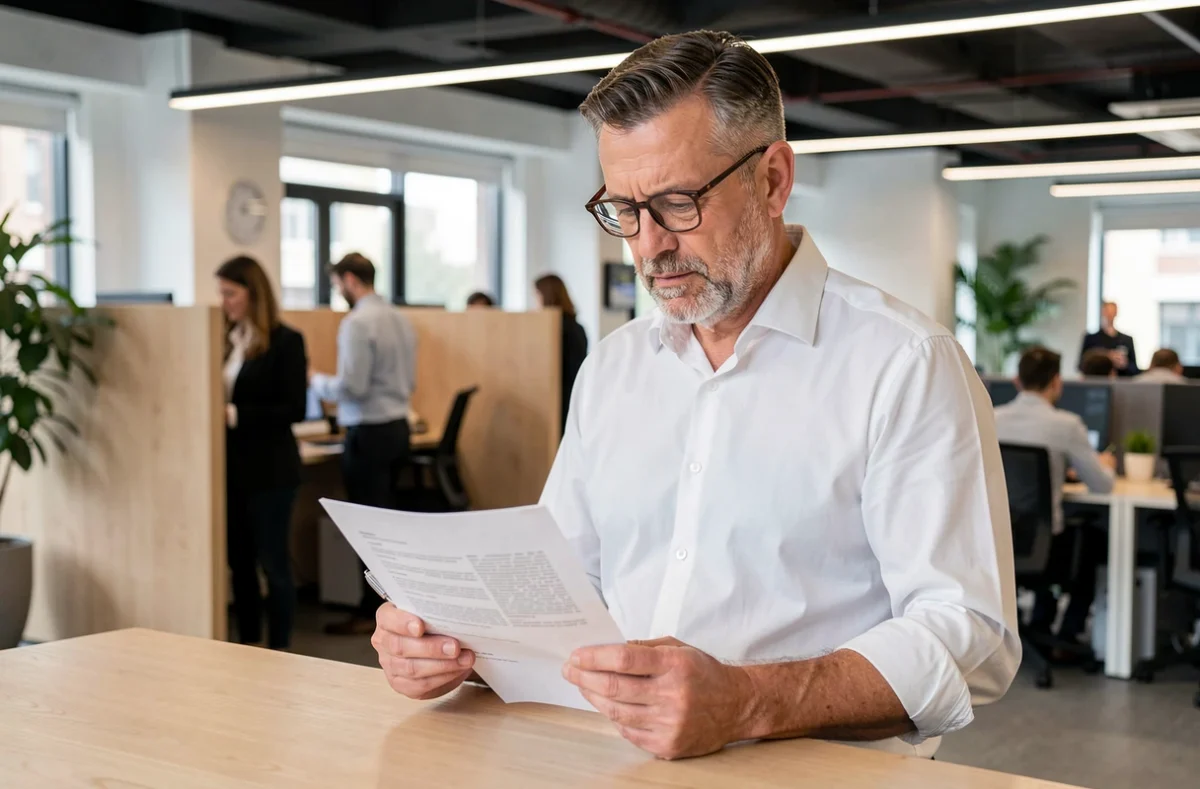Cadre indépendant en portage salarial analysant un contrat lié à ses droits aux allocations Assedic dans un bureau partagé