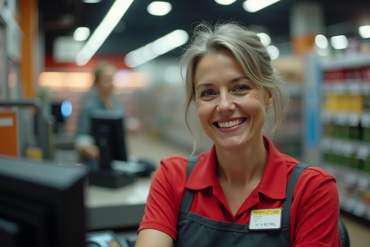 Caissière en uniforme de grande distribution travaillant à sa caisse lors d'un poste de nuit