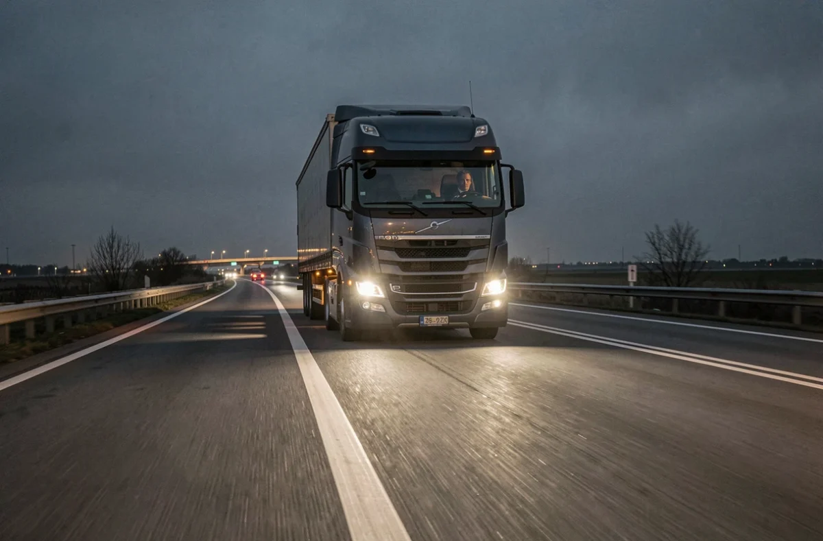 Camion poids lourd circulant sur une autoroute de nuit vu de l'extérieur symbolisant le transport routier nocturne