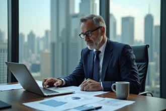CEO B2B analysant le seuil de rentabilité sur ordinateur portable avec des tableaux financiers imprimés sur un bureau en noyer dans un bureau moderne