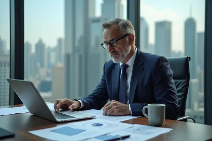 CEO B2B analysant le seuil de rentabilité sur ordinateur portable avec des tableaux financiers imprimés sur un bureau en noyer dans un bureau moderne