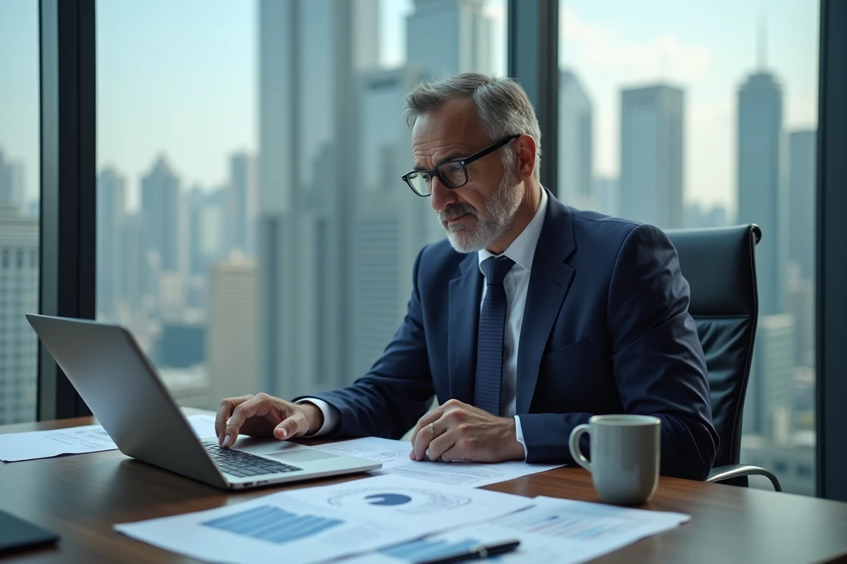 CEO B2B analysant le seuil de rentabilité sur ordinateur portable avec des tableaux financiers imprimés sur un bureau en noyer dans un bureau moderne