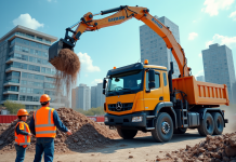Chantier de construction moderne avec grue et ouvriers en ville