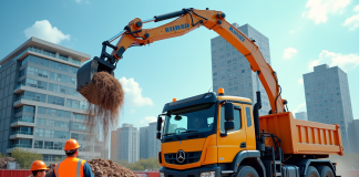Chantier de construction moderne avec grue et ouvriers en ville