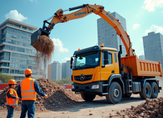 Chantier de construction moderne avec grue et ouvriers en ville