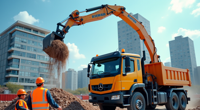 Chantier de construction moderne avec grue et ouvriers en ville