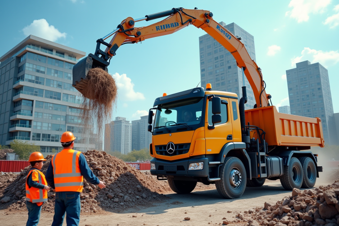 Chantier de construction moderne avec grue et ouvriers en ville