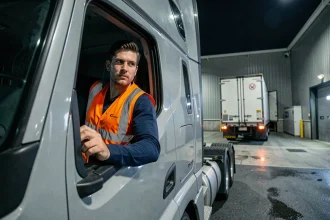Jeune chauffeur poids lourd débutant montant dans la cabine de son camion la nuit dans un dépôt logistique