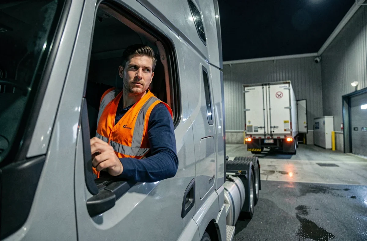Jeune chauffeur poids lourd débutant montant dans la cabine de son camion la nuit dans un dépôt logistique