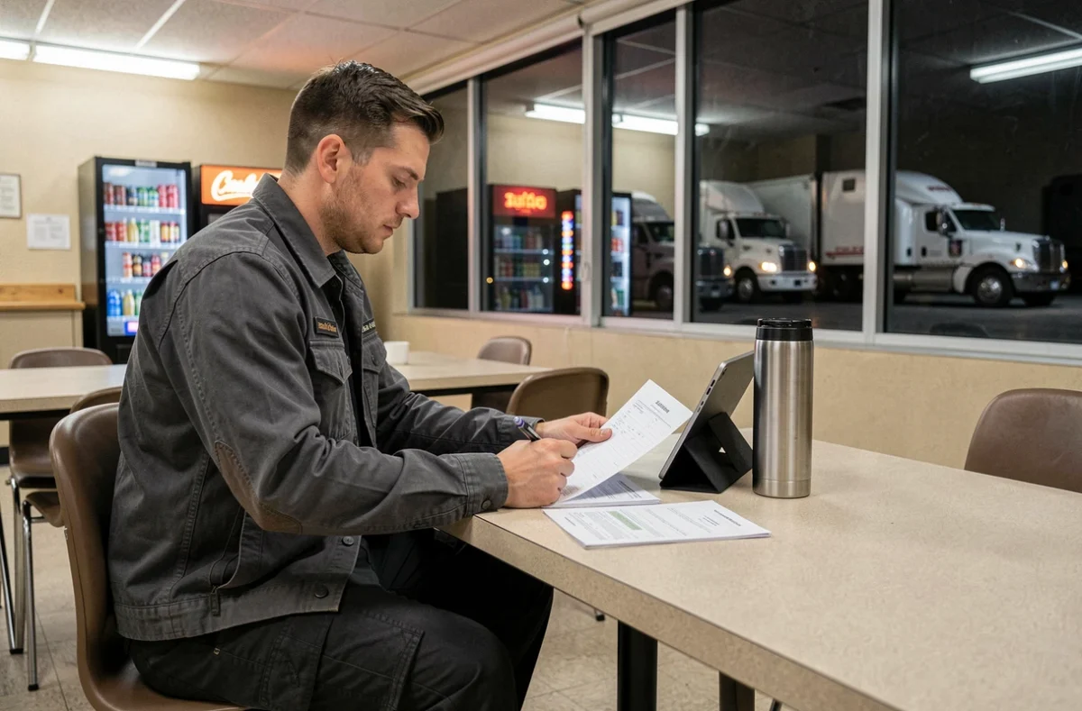 Chauffeur routier de nuit consultant son itinéraire sur tablette dans une salle de pause d'une station routière