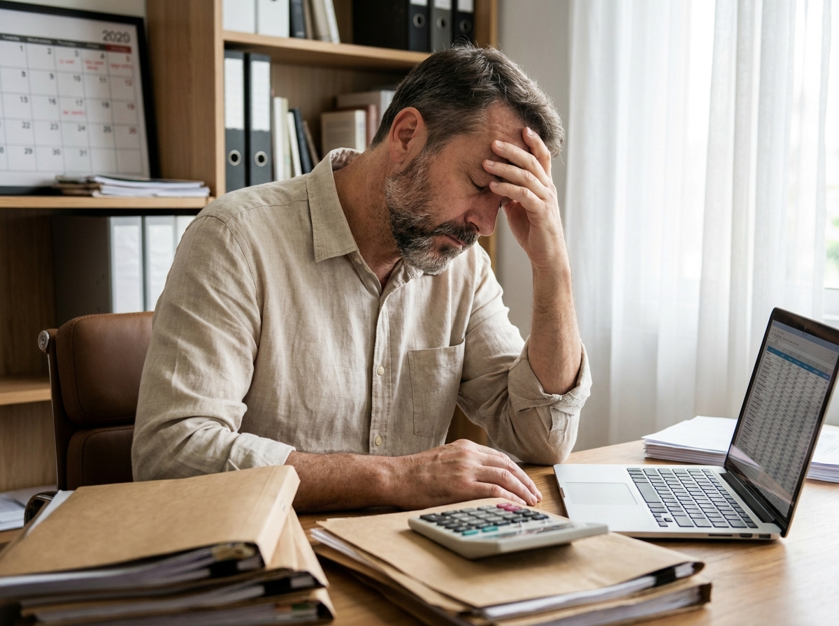 Chef d'entreprise fatigué par la gestion comptable dans son bureau à domicile entouré de dossiers fiscaux