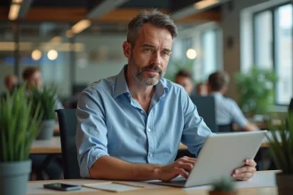 Chef d'équipe au bureau utilisant une tablette