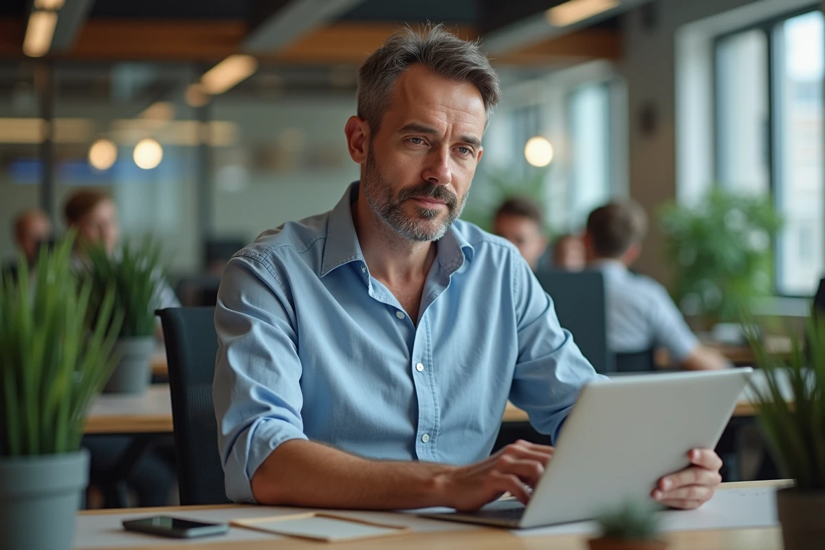 Chef d'équipe au bureau utilisant une tablette