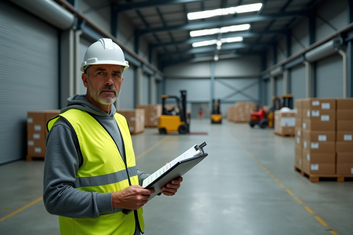 Chef d'équipe logistique en gilet haute visibilité consultant un planning salarial dans un entrepôt de grande distribution la nuit