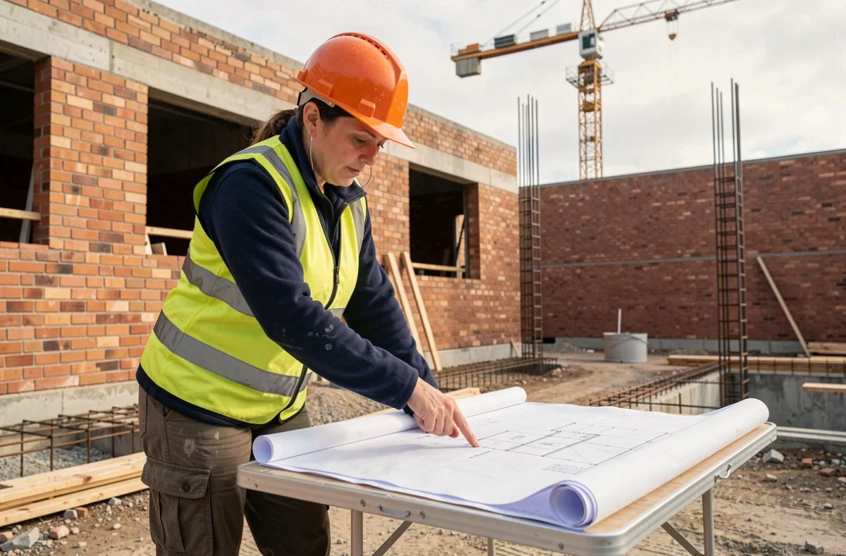 Cheffe de chantier BTP niveau N4P1 examinant des plans techniques sur une table de chantier avec grue et murs en briques en arrière-plan
