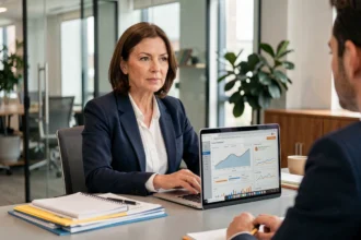 Femme cheffe d'entreprise en réunion avec un consultant expert pour développer son chiffre d'affaires