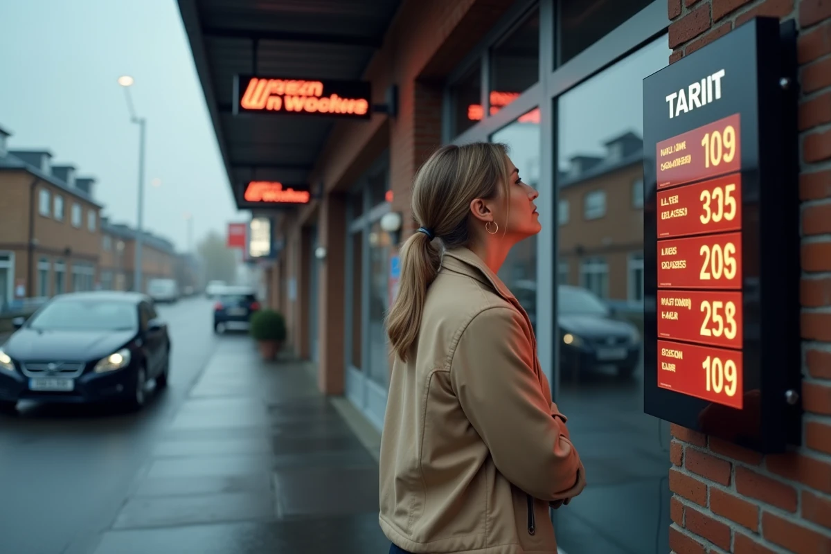 Cliente lisant une affiche de tarifs sur la façade extérieure d'un centre de services automobile