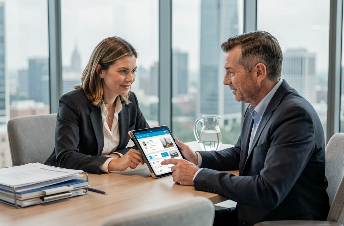 Deux courtiers en assurance collaborant sur un extranet AXA dans une salle de réunion moderne