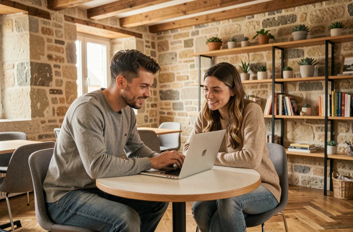 Deux jeunes professionnels collaborant autour d'un ordinateur portable dans un espace de coworking chaleureux installé dans un bâtiment en pierre à Bergerac