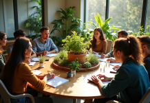 Professionnels collaborant autour d'une table écologique moderne