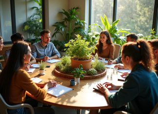 Professionnels collaborant autour d'une table écologique moderne