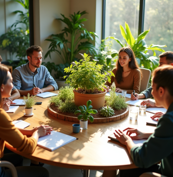 Professionnels collaborant autour d'une table écologique moderne