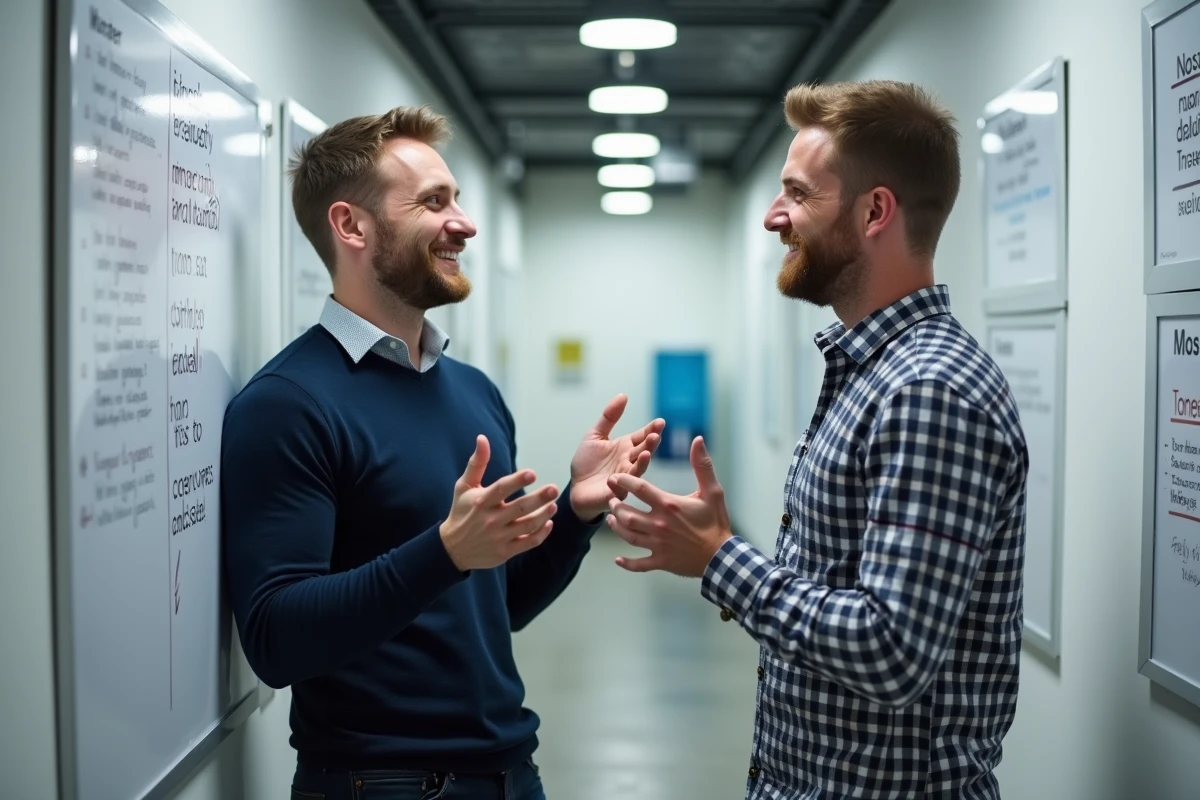 Deux collègues masculins discutant et souriant dans un couloir de bureau, représentant la communication détendue et la gestion des tensions par l'humour au travail