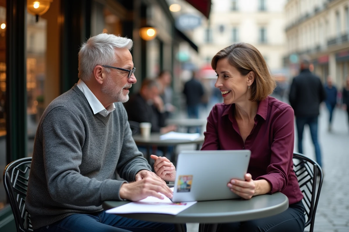Deux collègues discutant de proverbes sur le travail autour de documents dans un café parisien en plein air