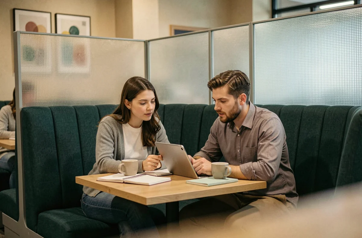 Deux collègues en discussion dans un espace de coworking semi-privé avec cloisons en verre dépoli à Arras