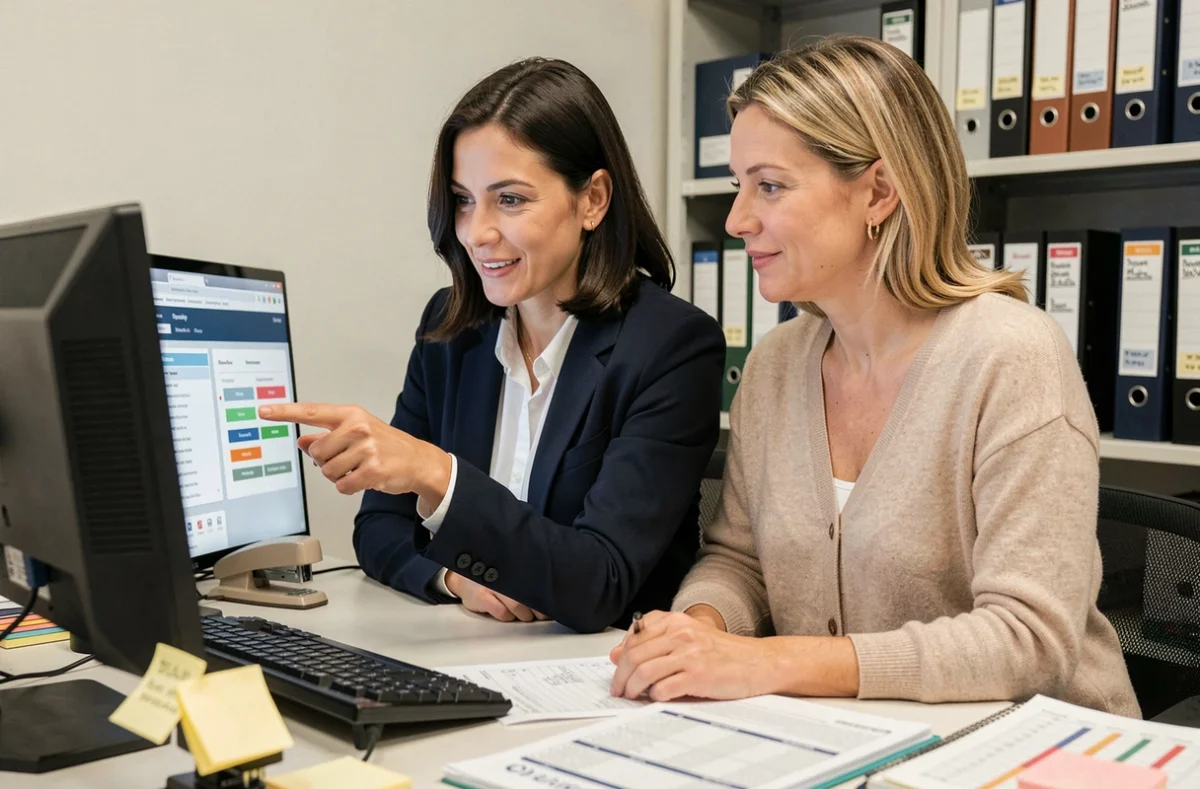 Deux collègues supervisant un tableau de planification d'aides à domicile sur un ordinateur de bureau en agence