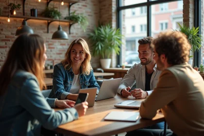 Groupe de jeunes adultes comparant des plateformes numériques sur ordinateurs portables dans un café coworking urbain moderne