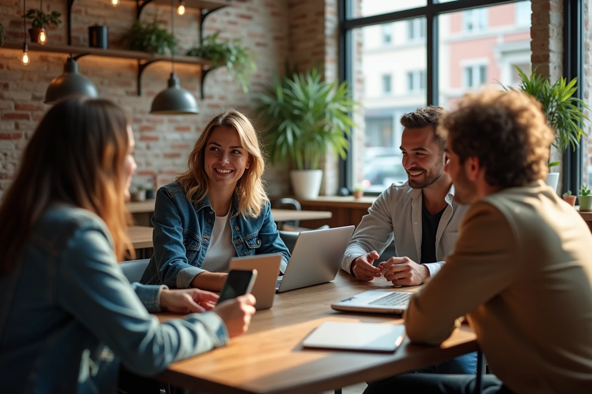 Groupe de jeunes adultes comparant des plateformes numériques sur ordinateurs portables dans un café coworking urbain moderne