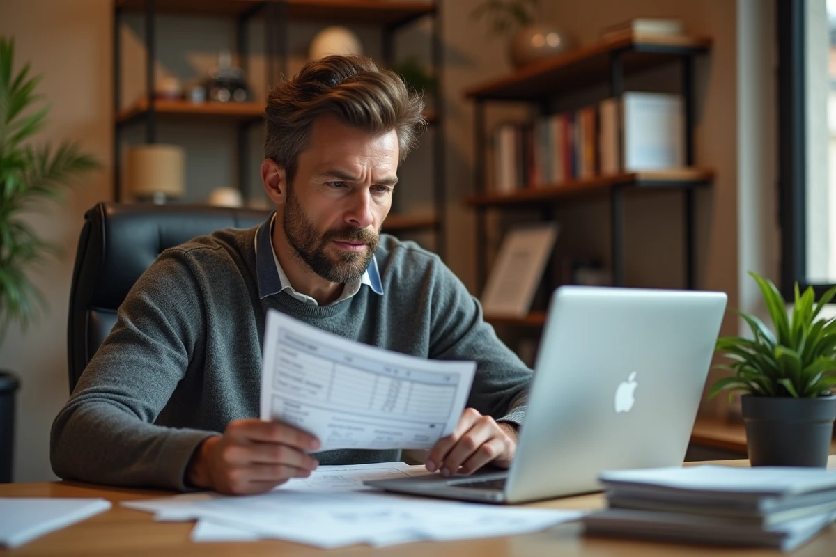 Homme comparant les tarifs des boites postales sur ordinateur et documents imprimés dans un bureau à domicile