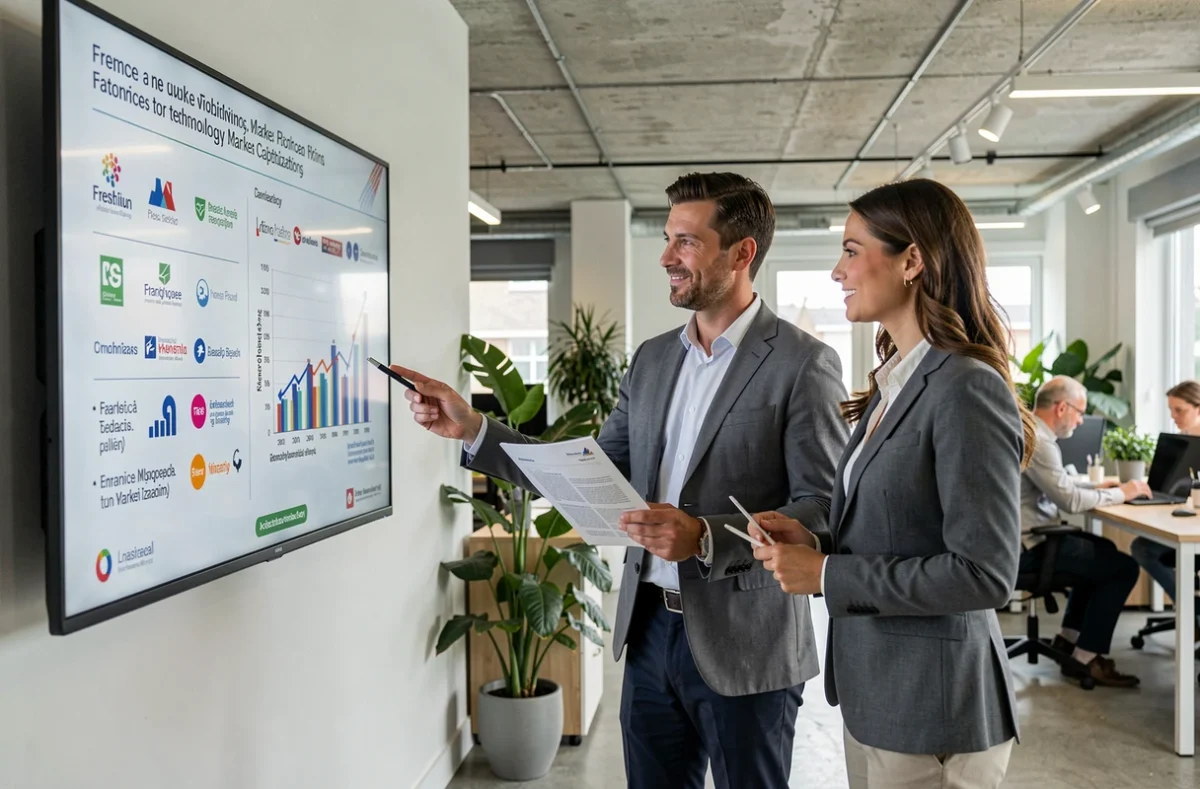 Deux professionnels de la finance comparant des valeurs technologiques françaises sur un écran mural dans un espace de coworking