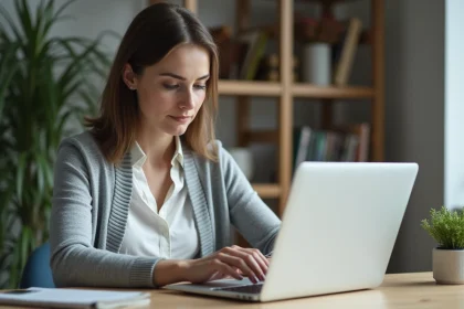 Femme utilisant son compte en ligne Urssaf sur un ordinateur portable dans un bureau à domicile