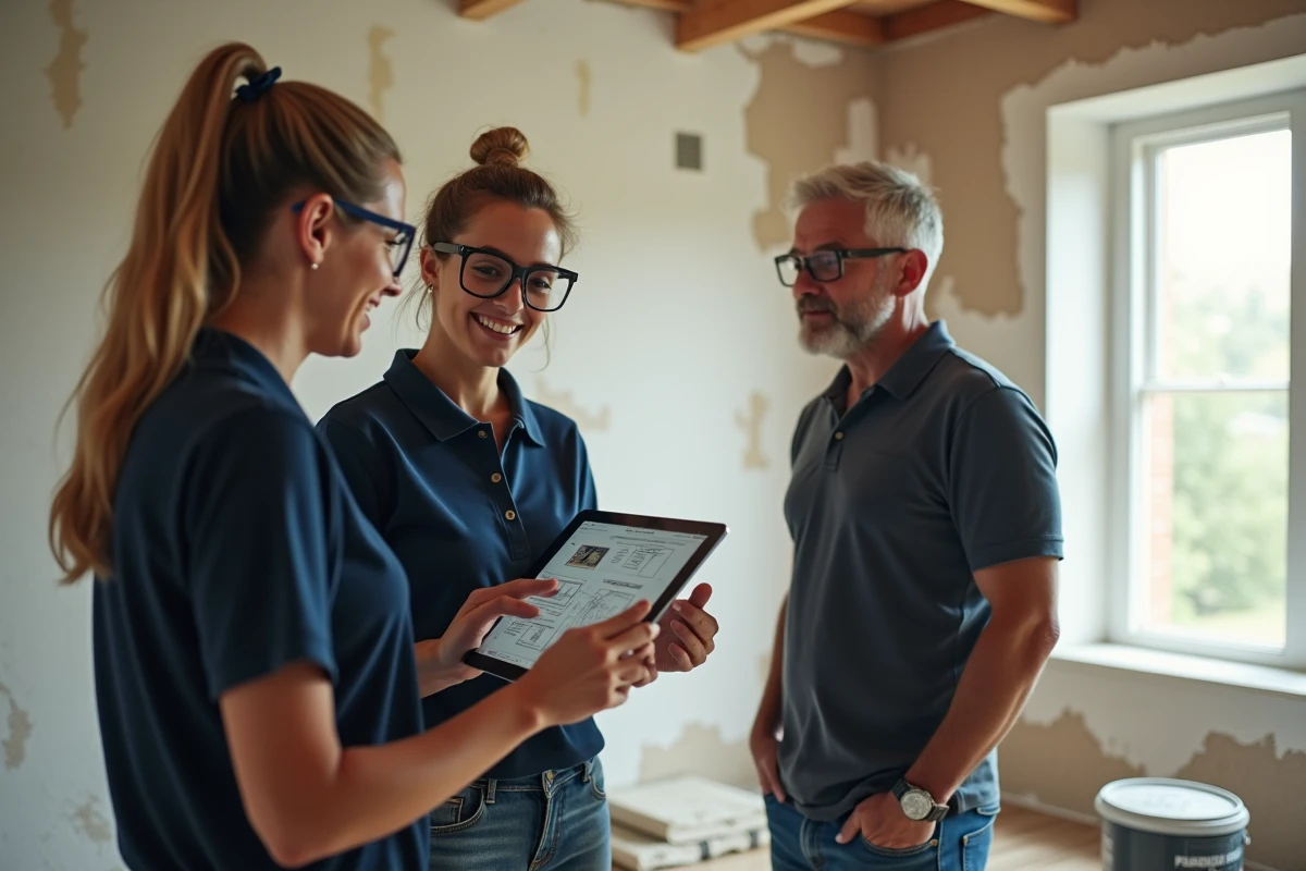 Une conductrice de travaux montre un devis numérique sur tablette à des propriétaires dans un salon en cours de rénovation