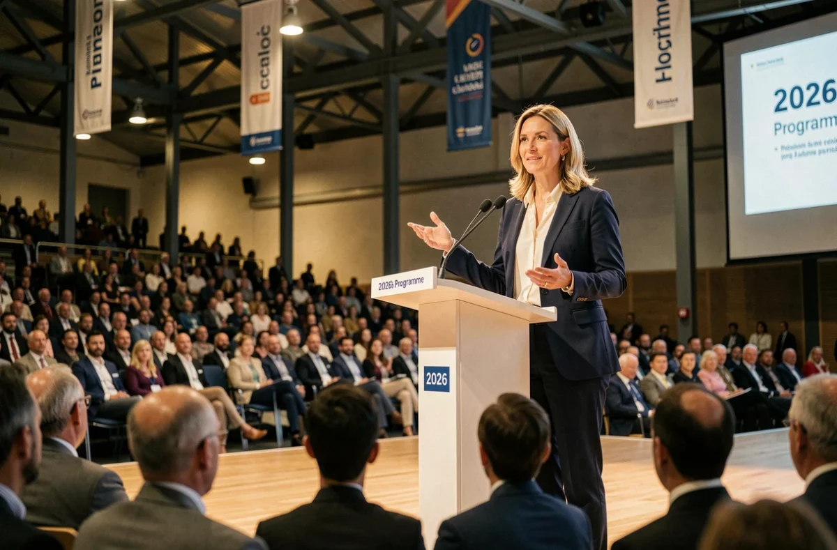 Conférencière sur scène lors d'une session plénière du programme Lesentreprisesfrenchy 2026 devant un grand auditoire de professionnels