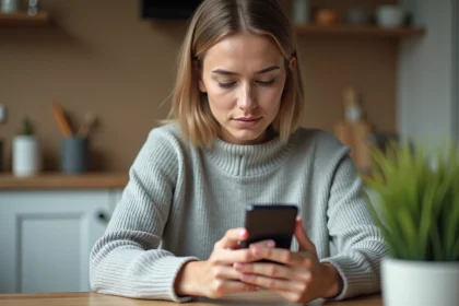 Femme connectée à une application RH sur smartphone depuis sa cuisine, illustrant l'accès mobile à MyPeopleDoc