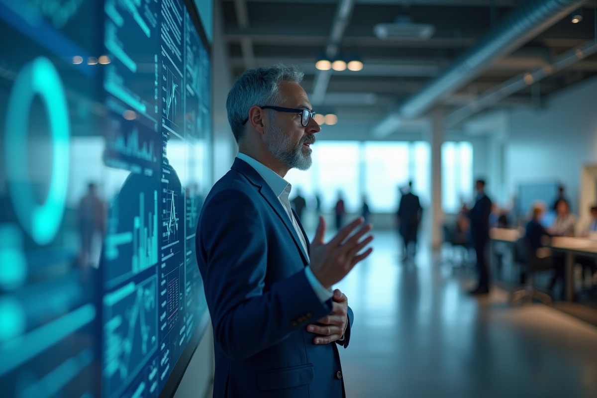 Consultant analysant des visualisations de données dans un bureau moderne