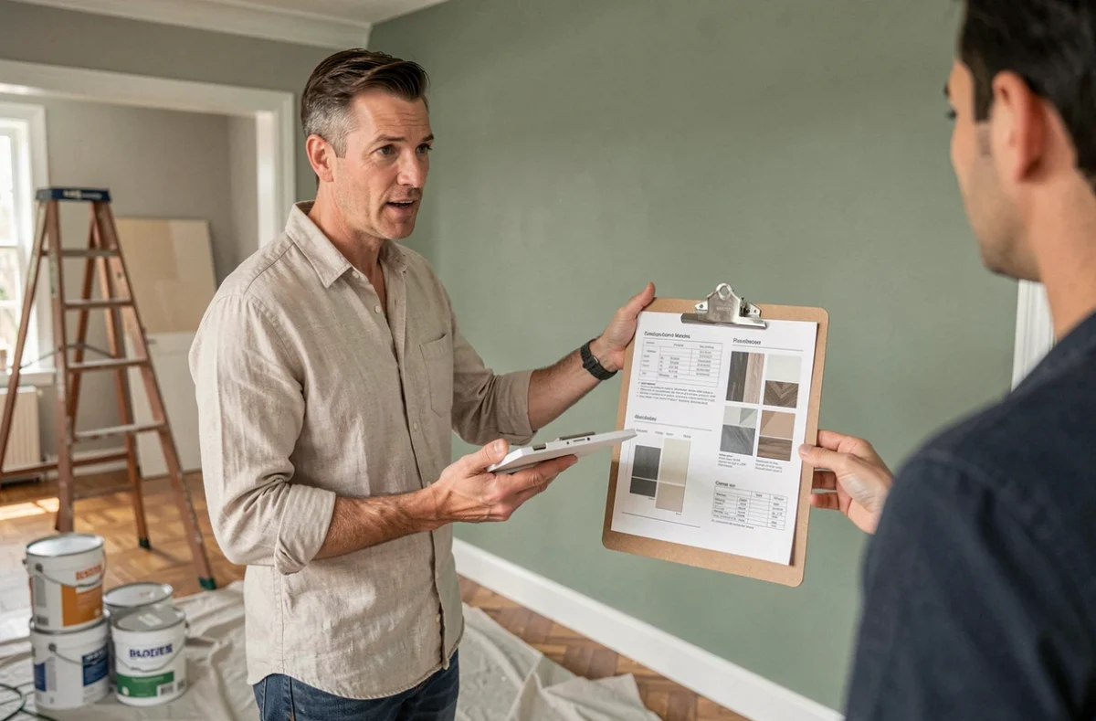 Consultant en décoration tenant un carnet de projet dans un salon en cours de rénovation lors d'une visite client