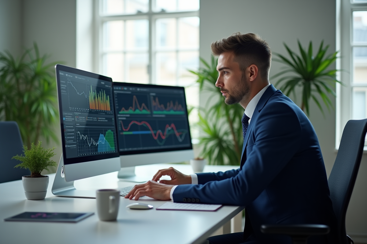 Consultant seul analysant des rapports et graphiques sur ordinateur