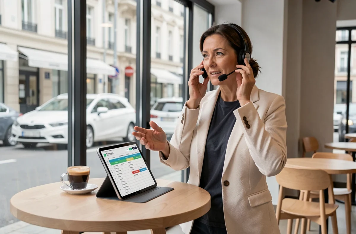 Consultante freelance évaluant les plateformes françaises pour indépendants dans un café coworking urbain