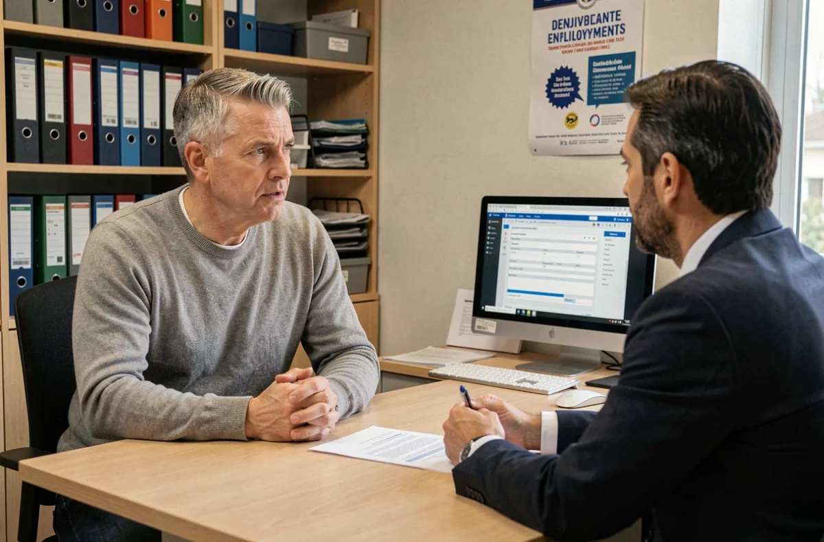 Homme en reconversion professionnelle consultant un conseiller Pôle Emploi sur les droits aux allocations et le portage salarial