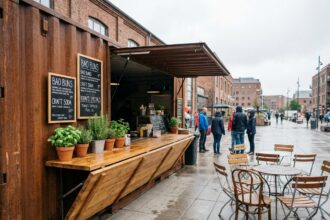 Container maritime aménagé en restaurant de rue avec comptoir en bois et tables de bistrot en terrasse urbaine