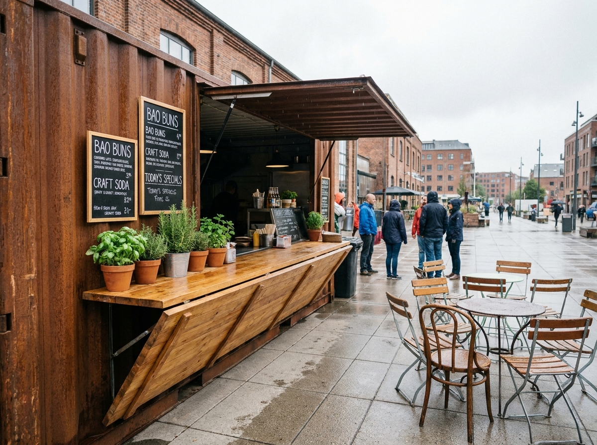 Container maritime aménagé en restaurant de rue avec comptoir en bois et tables de bistrot en terrasse urbaine