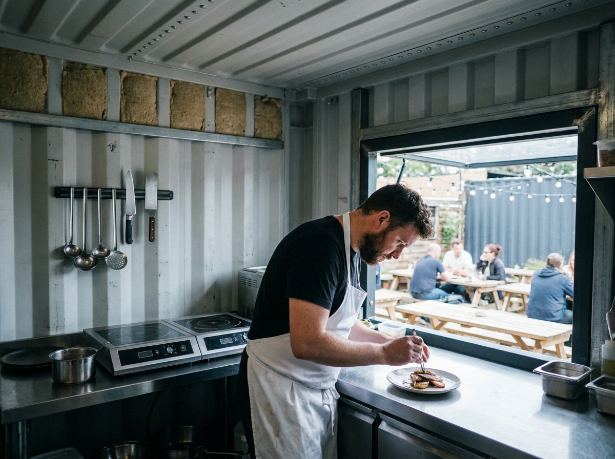 Intérieur de container aménagé en cuisine professionnelle avec chef cuisinier en train de dresser une assiette