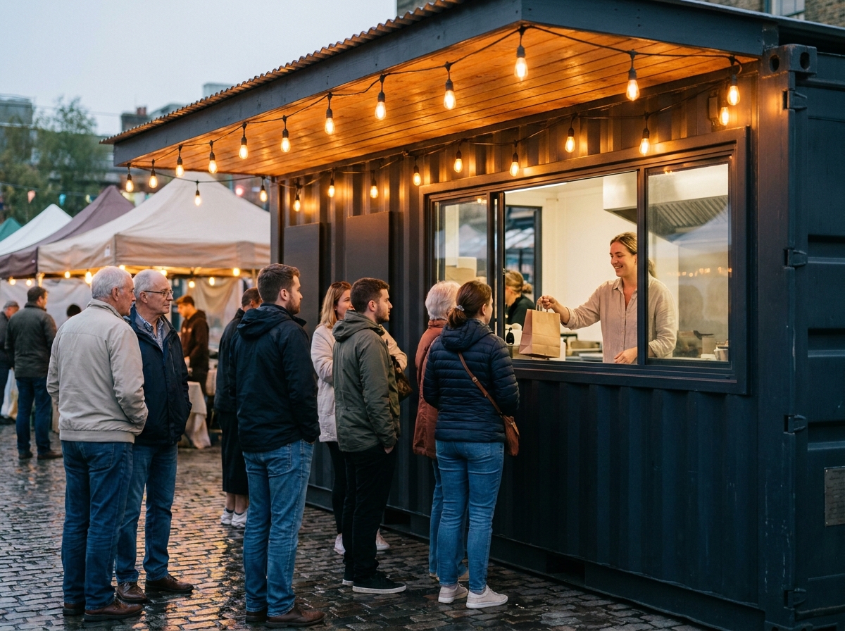 Container restaurant aménagé dans un marché de plein air au crépuscule avec clients en file d'attente